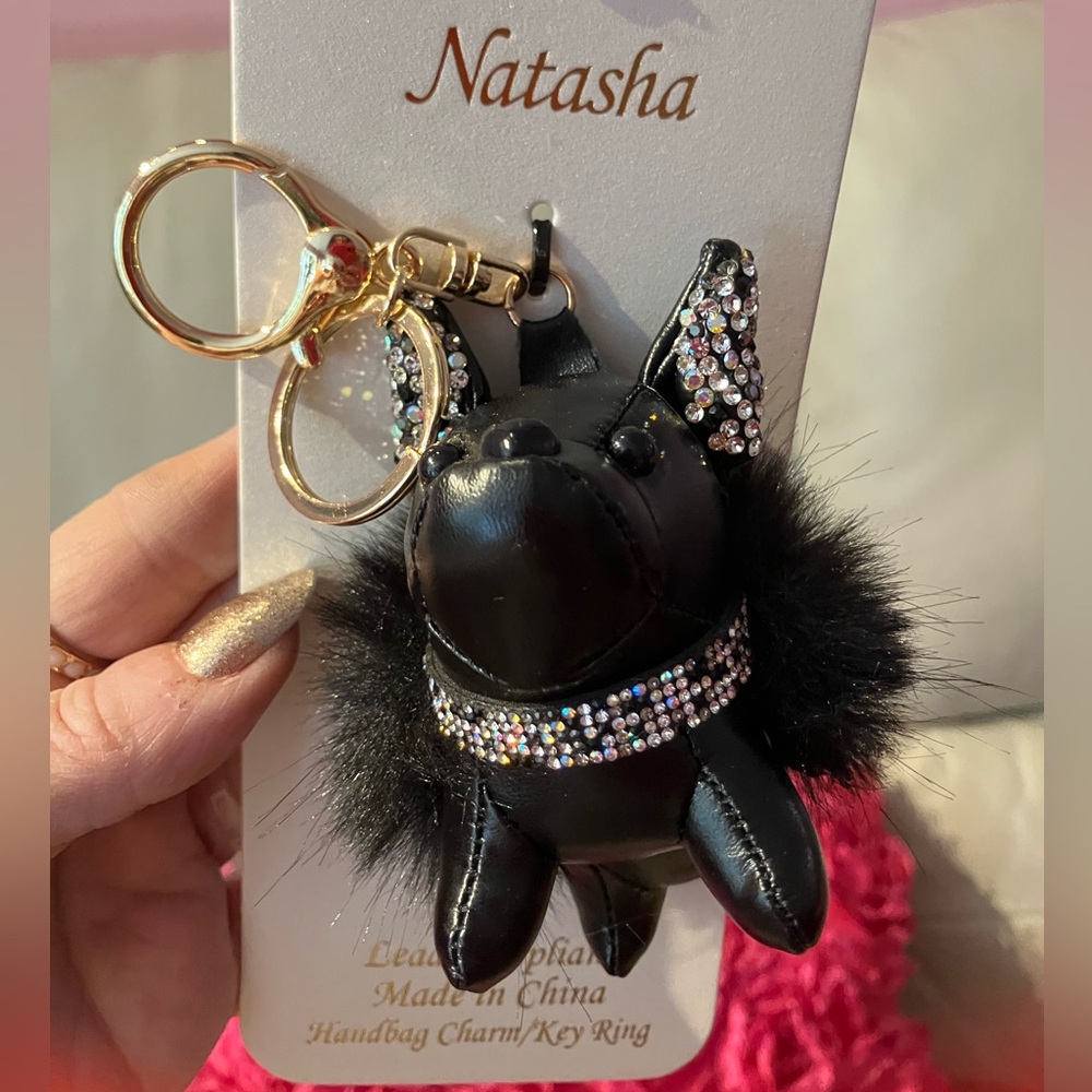 Black Leatherette Rhinestone Dog Keychain or Bag Charm with Rhinestones